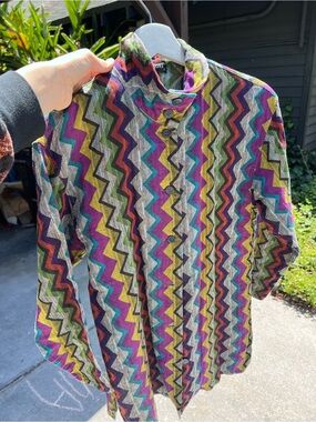 Missoni Zigzag Button-Down Shirt in Purple, Green, Teal, Yellow